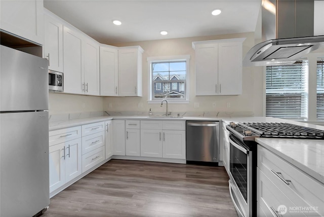 kitchen featuring a sink, stainless steel appliances, white cabinets, and island range hood