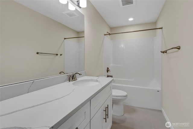 bathroom with vanity, visible vents,  shower combination, tile patterned flooring, and toilet