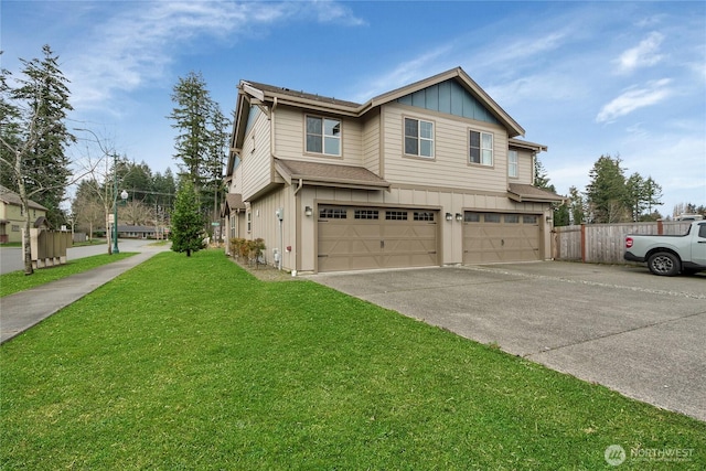 view of property exterior featuring board and batten siding, fence, a lawn, a garage, and driveway