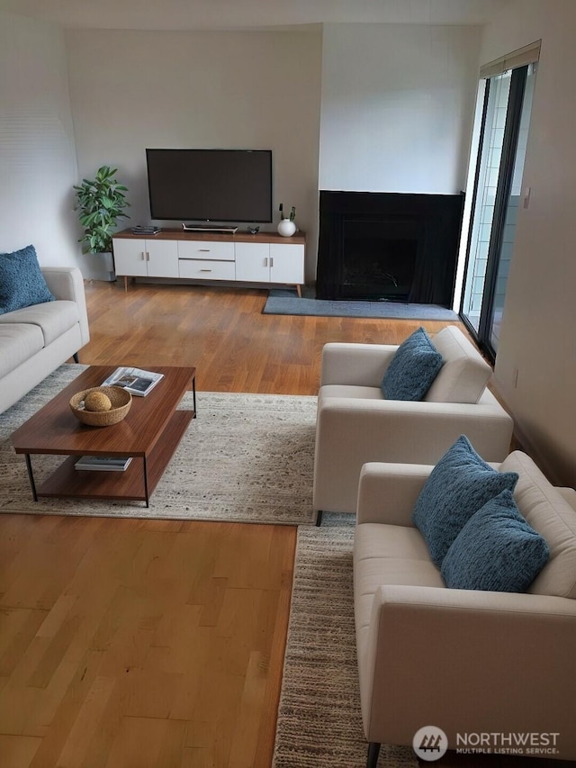 living area featuring a fireplace with raised hearth and wood finished floors