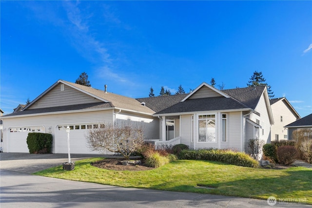 ranch-style house featuring a garage, a front lawn, aphalt driveway, and roof with shingles