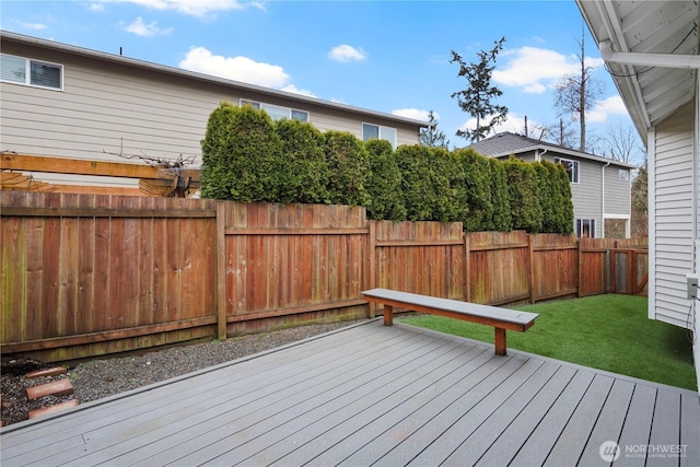 wooden terrace with a yard and a fenced backyard