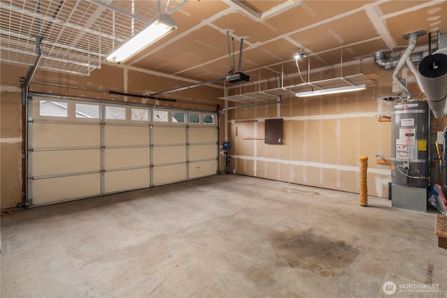 garage featuring a garage door opener, electric panel, and water heater