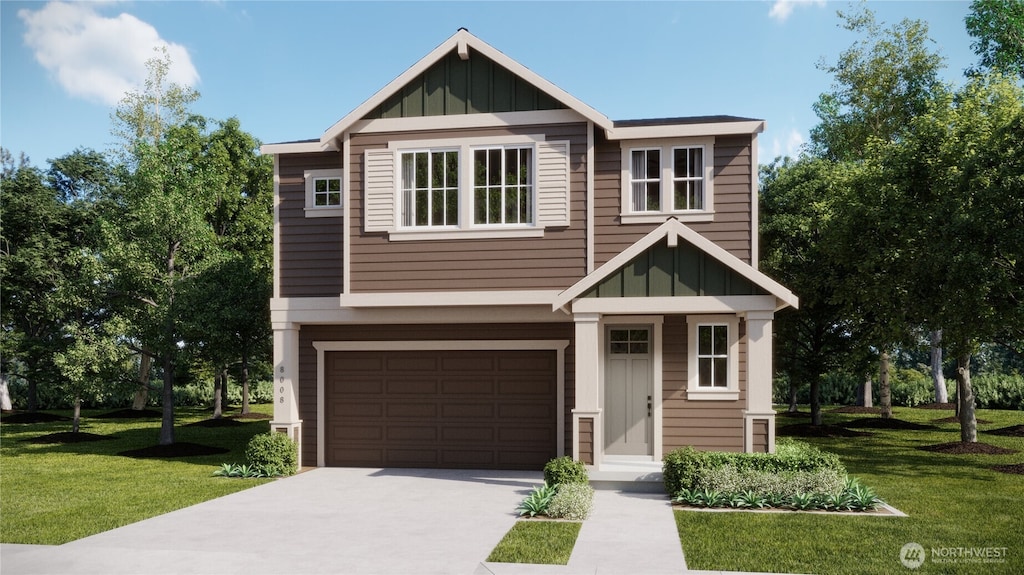 view of front facade featuring board and batten siding, a front yard, and concrete driveway