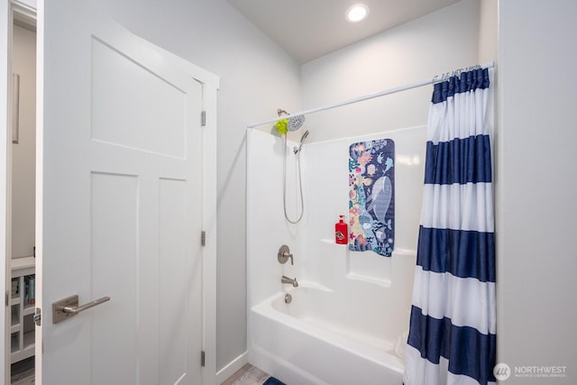 full bath with recessed lighting and shower / bathtub combination with curtain