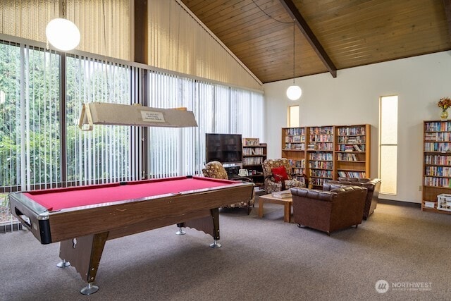 rec room with wooden ceiling, carpet, billiards, and high vaulted ceiling