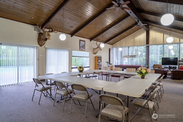 dining space with high vaulted ceiling, carpet, beam ceiling, and wooden ceiling