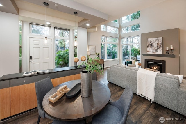 dining area with a wealth of natural light, dark wood-style flooring, and a glass covered fireplace