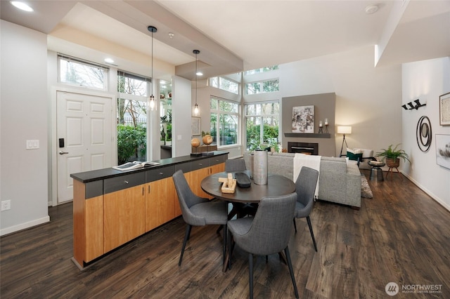 dining space featuring a warm lit fireplace, recessed lighting, dark wood finished floors, and baseboards