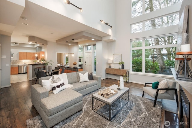 living area featuring dark wood-type flooring, a towering ceiling, and baseboards