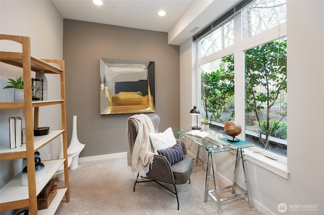 carpeted home office with recessed lighting, visible vents, and baseboards