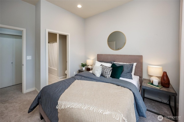 bedroom featuring baseboards, carpet floors, and recessed lighting