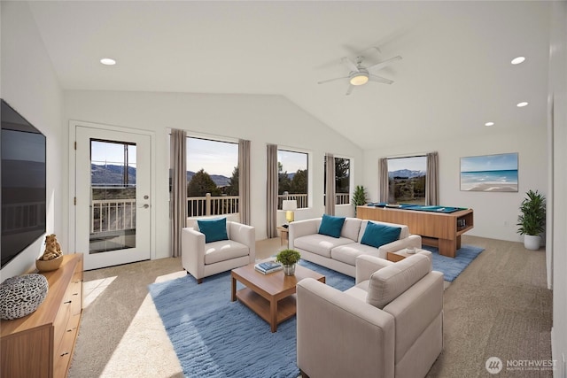 133 Long Dr, Chelan, WA 98816 - living room featuring a ceiling fan, billiards, lofted ceiling, and carpet floors