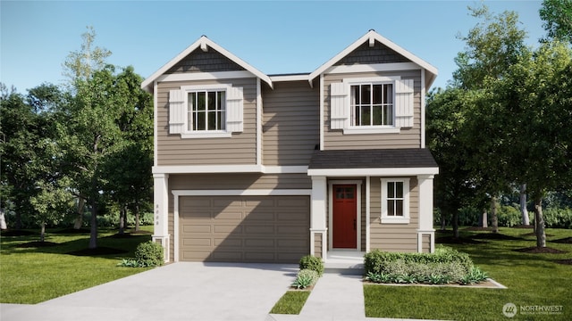 view of front facade featuring a garage, concrete driveway, and a front lawn