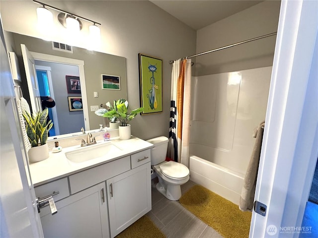 full bath with shower / tub combo, visible vents, vanity, and toilet