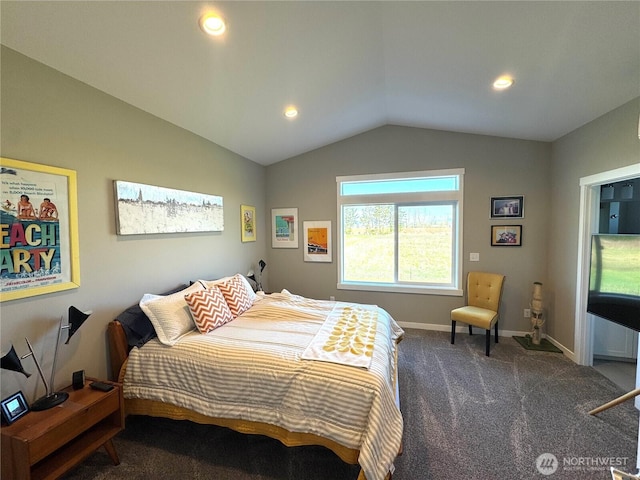 carpeted bedroom with vaulted ceiling, recessed lighting, and baseboards