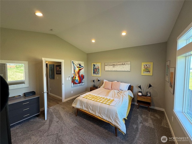 bedroom featuring vaulted ceiling, dark colored carpet, recessed lighting, and baseboards