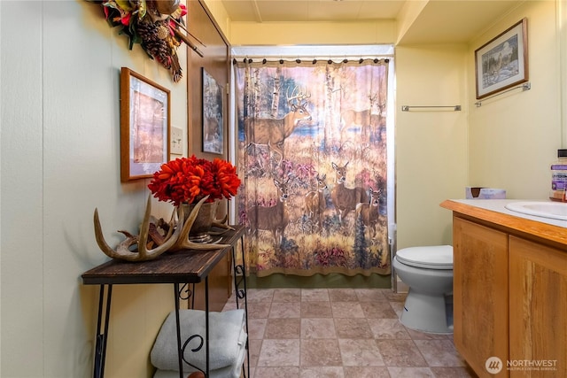 full bathroom with vanity, toilet, and shower / bathtub combination with curtain