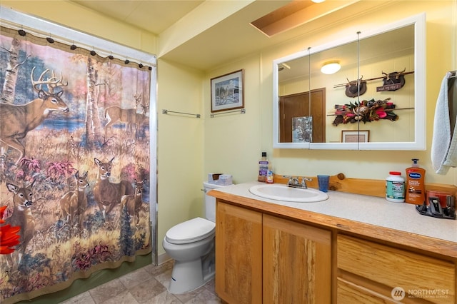 bathroom with a shower with shower curtain, vanity, and toilet