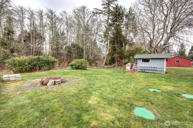 view of yard featuring a fire pit, a storage unit, and an outbuilding