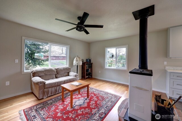 living area with baseboards, plenty of natural light, a wood stove, and light wood-style floors