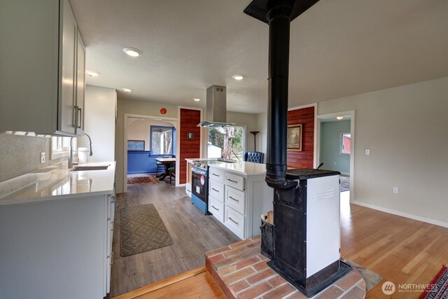 kitchen featuring a sink, stainless steel range with electric cooktop, light wood-type flooring, island exhaust hood, and a wood stove