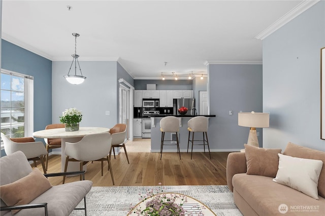 living area featuring light wood finished floors, baseboards, and ornamental molding