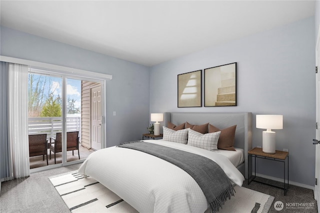 bedroom featuring access to exterior, light carpet, and baseboards