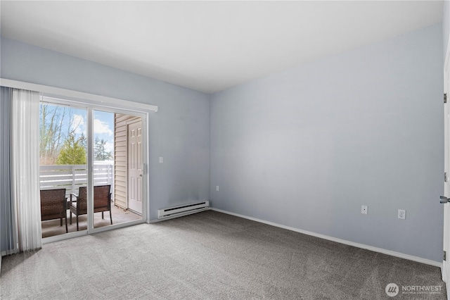 empty room featuring a baseboard radiator, baseboards, and carpet