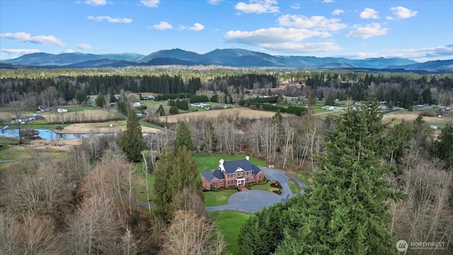 bird's eye view with a water and mountain view and a forest view