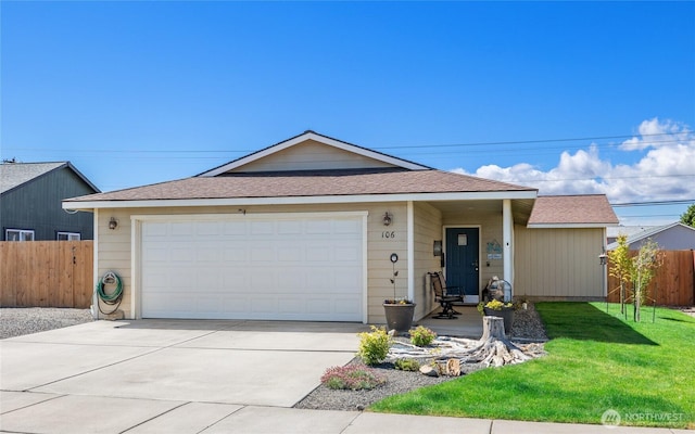 single story home with a front lawn, fence, a garage, and driveway