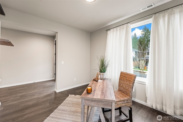 office area featuring visible vents, baseboards, and dark wood-style flooring