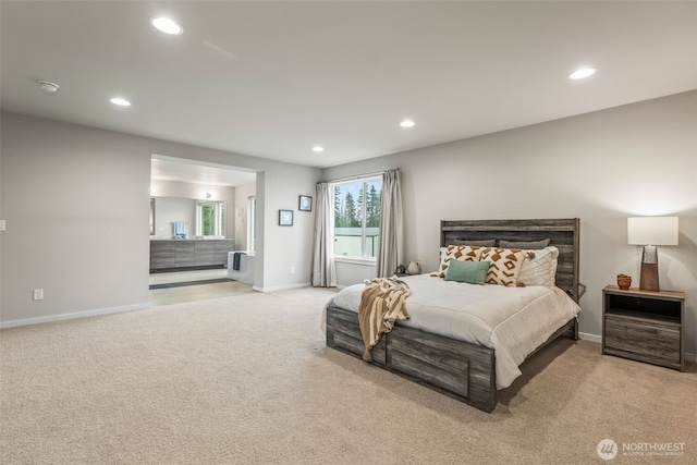 bedroom featuring light carpet, recessed lighting, and baseboards