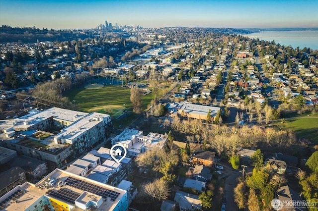 drone / aerial view with a water view