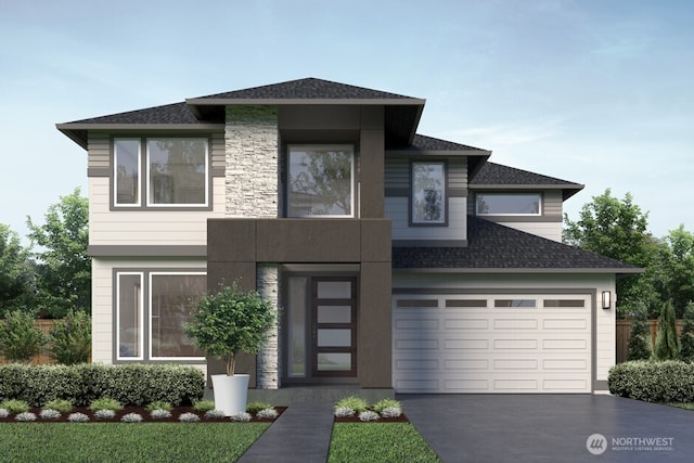 view of front of home with a garage, driveway, roof with shingles, and stone siding