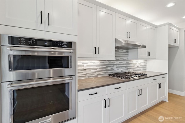 kitchen featuring light wood-style flooring, under cabinet range hood, stainless steel appliances, backsplash, and dark countertops