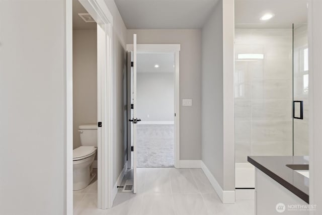 full bath with visible vents, baseboards, toilet, tile patterned floors, and a shower stall