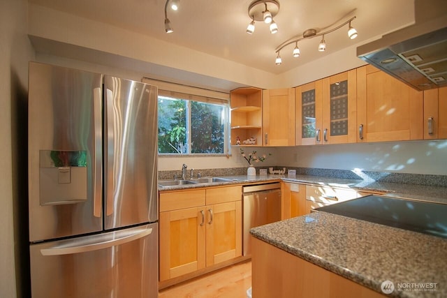 kitchen with light brown cabinets, a sink, appliances with stainless steel finishes, range hood, and glass insert cabinets