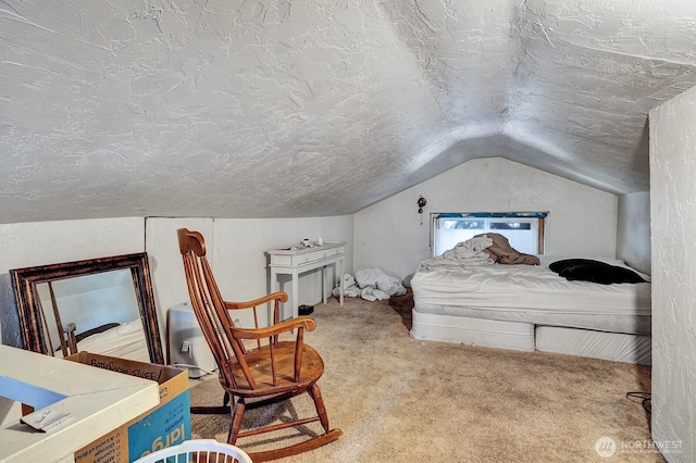 bedroom with lofted ceiling, a textured ceiling, and carpet flooring