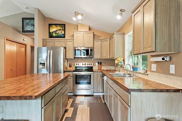 kitchen featuring a sink, wood finished floors, stainless steel appliances, wooden counters, and vaulted ceiling