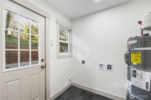 washroom featuring washer hookup, secured water heater, electric dryer hookup, laundry area, and baseboards