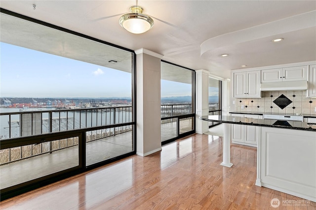 kitchen with light wood-style flooring, under cabinet range hood, backsplash, floor to ceiling windows, and white cabinetry