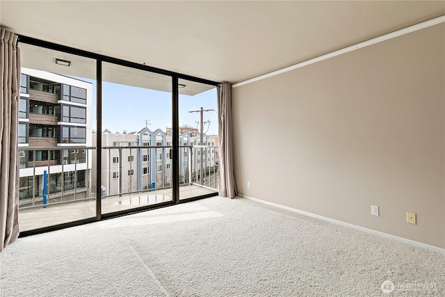 empty room with a wall of windows, carpet flooring, baseboards, and ornamental molding