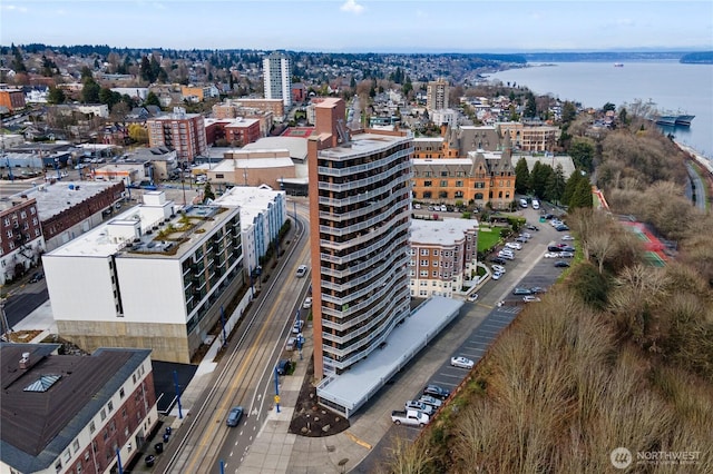 bird's eye view with a water view and a city view