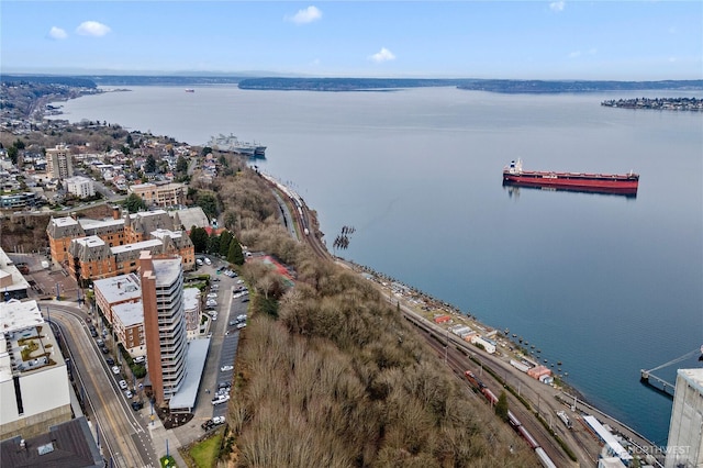 birds eye view of property featuring a water view