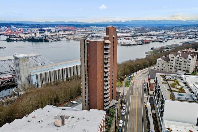 drone / aerial view featuring a city view and a water view