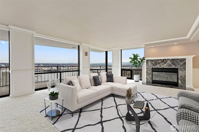 living area featuring a wall of windows and a fireplace