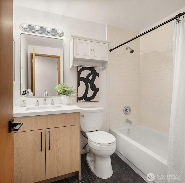 bathroom featuring toilet, shower / tub combo, tile patterned flooring, and vanity