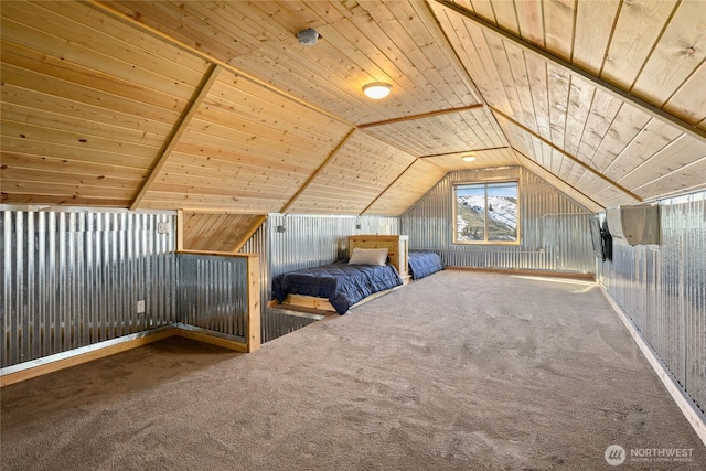 unfurnished bedroom featuring lofted ceiling, wood ceiling, and carpet