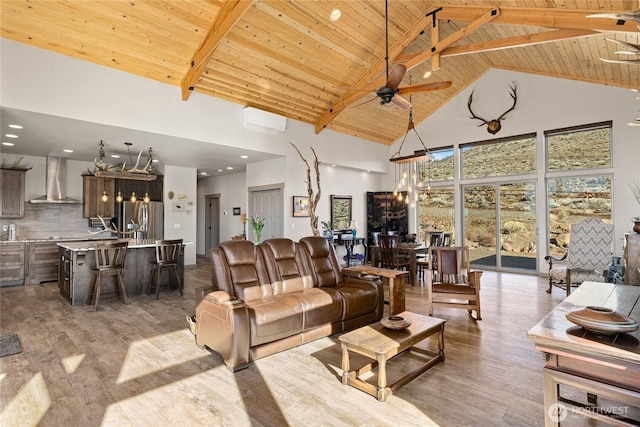 living area with a wall mounted air conditioner, light wood-type flooring, and wood ceiling